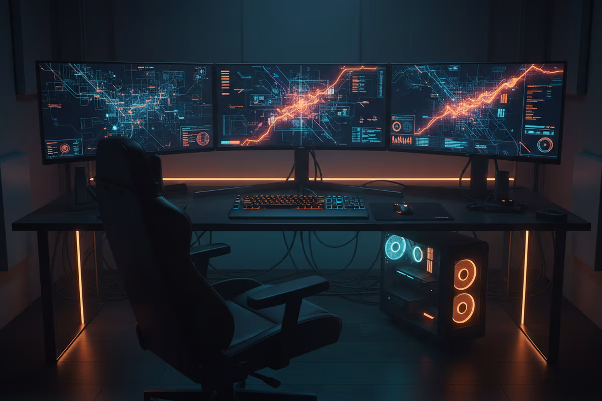 Gaming-Kommandostation mit mehreren Monitoren und Ambient-Beleuchtung